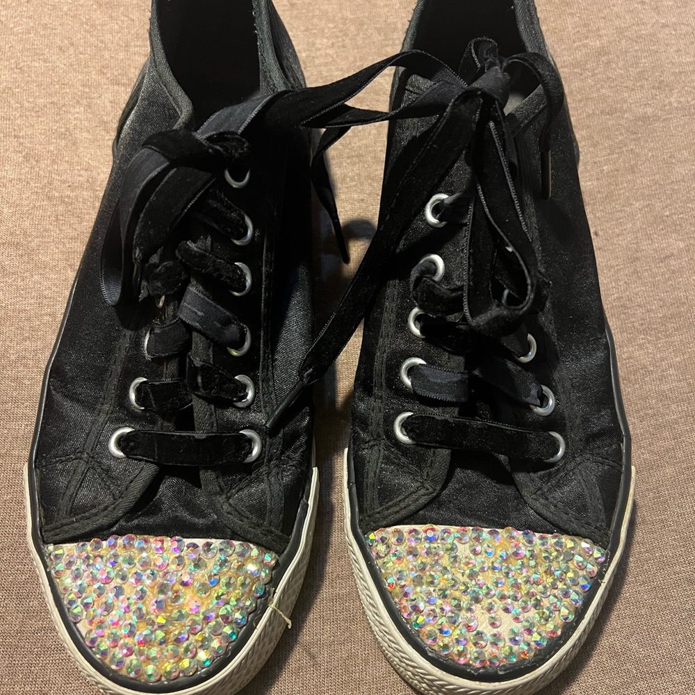 twiggy LONDON Black Lace-Up Sneakers with Iridescent Crystal Toes